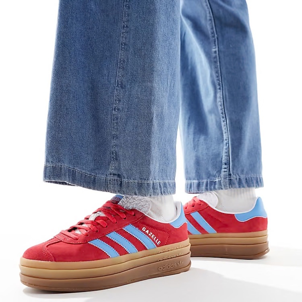 Adidas Gazelle Bold Red & Blue platform sneakers with gum soles and suede uppers